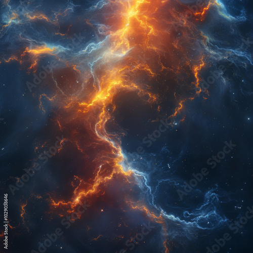 Fiery Cosmic Nebula with Blue and Orange Lightning in Deep Space