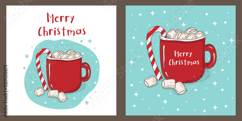 Hot chocolate or cocoa with marshmallows in a red mug with a candy cane. Merry Christmas design with a festive chocolate drink and text for invitations,greeting cards, banners, post for social network