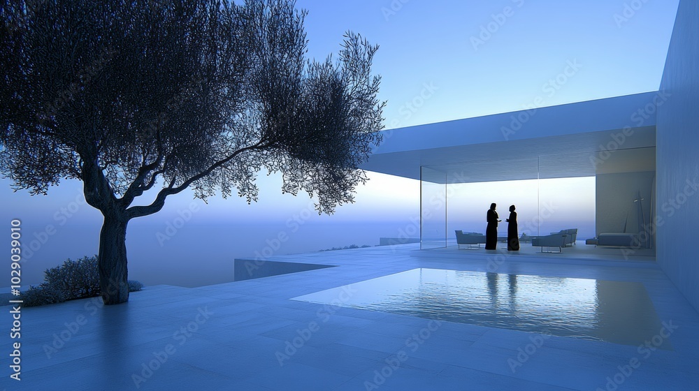 Obraz premium Modern Minimalist Architecture with Infinity Pool and Olive Tree