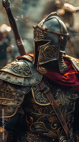 Fearless warrior in ornate armor ready for battle, 4K hyperrealistic photo.