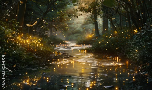 Enchanted glen with fireflies weaving their nightly dance, 4K hyperrealistic photo