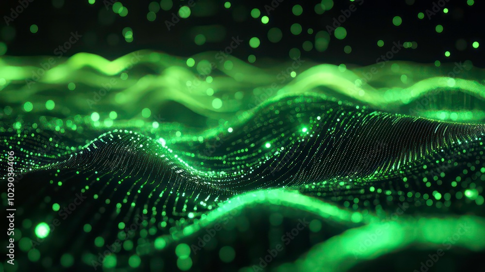 Abstract green wave of particles on black background. Abstract green wave of particles on black background.