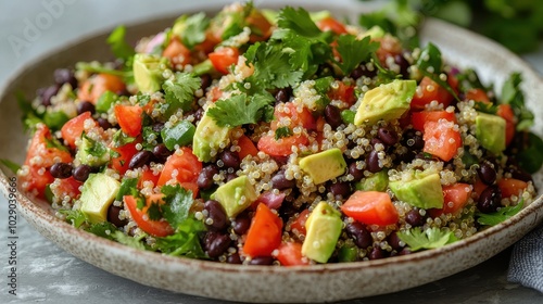 Quinoa salad with avocado, black beans, tomatoes, cilantro, and peppers