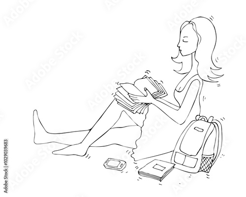 Sitting teenager reading a book. Girl with backpack, phone, notebook. Self-study at home. School or leisure time at home. Hand drawn vector illustration