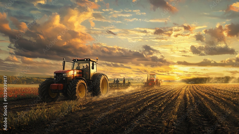 Fototapeta premium Tractors working at sunset in a vibrant agricultural landscape.