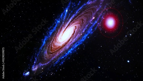 Spiral Galaxy Exploration with Bright Red Star. photo