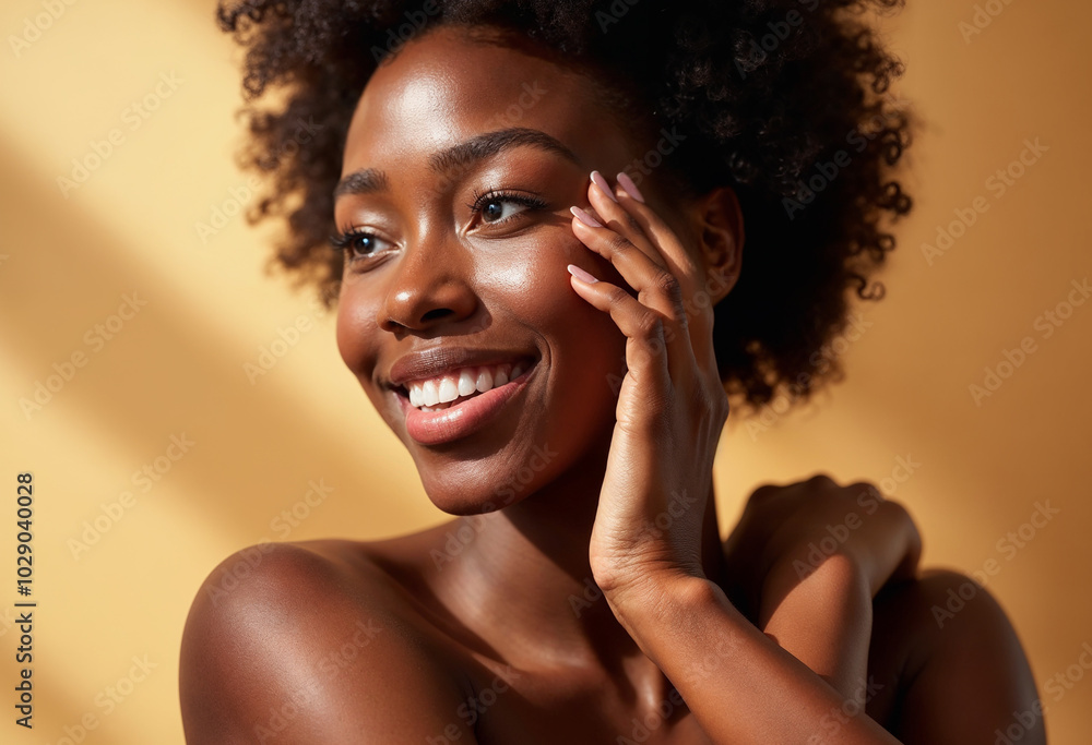Deodorant advertising concept showing a Black female model with glowing skin, focusing on her face and arm. The hair removal aspect is highlighted as she gently touches her smooth skin Deodorant advertising concept showing a Black female model with glowing skin, focusing on her face and arm. The hair removal aspect is highlighted as she gently touches her smooth skin