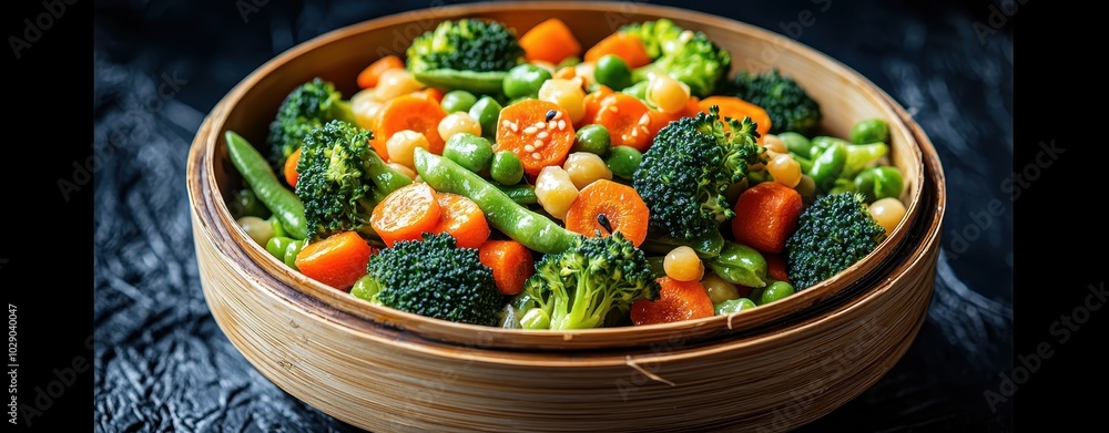 Steamed Broccoli, Carrots, Snap Peas, and Chickpeas in a Bamboo Steamer Basket Steamed Broccoli, Carrots, Snap Peas, and Chickpeas in a Bamboo Steamer Basket