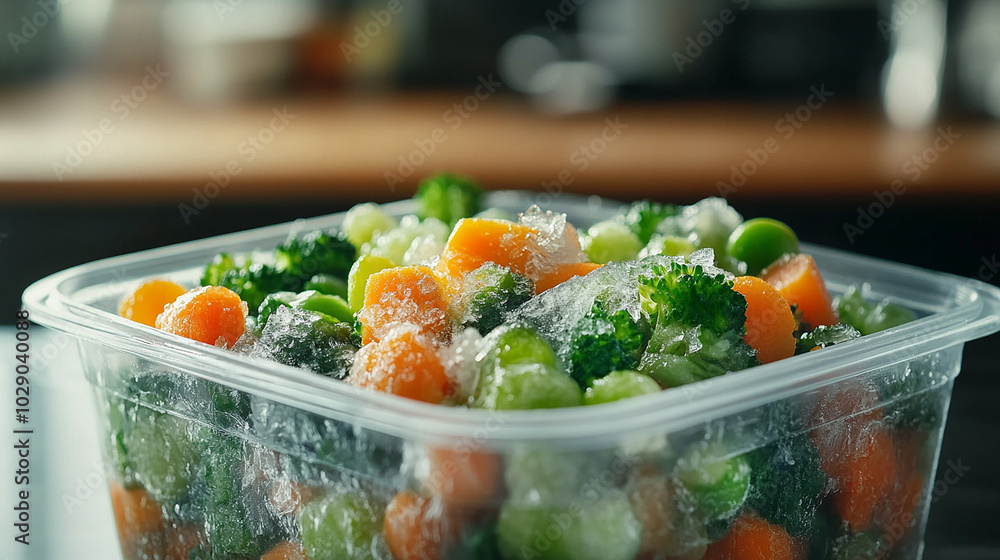 Mixed frozen vegetables sealed in a container Mixed frozen vegetables sealed in a container