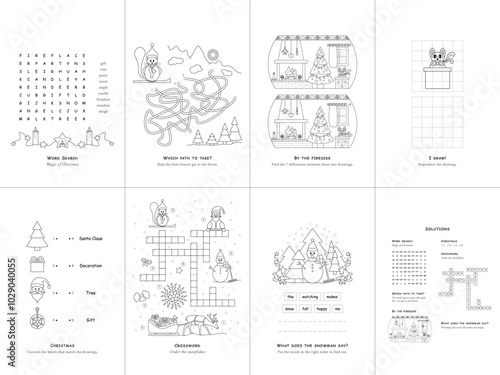 Set of seven games. Christmas Theme. Game and coloring page for kids. English language. Vector illustration. Set No. 1.
