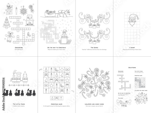 Set of seven games. Christmas Theme. Game and coloring page for kids. English language. Vector illustration. Set No. 2.