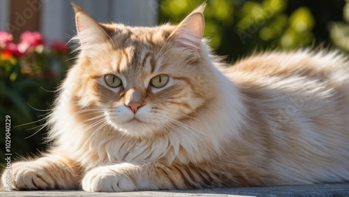 Cream siberian cat lying outside in the garden