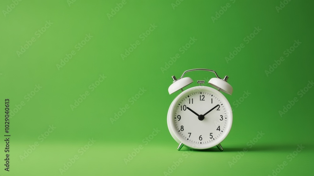 Minimalist white alarm clock centered on vibrant green backdrop Minimalist white alarm clock centered on vibrant green backdrop