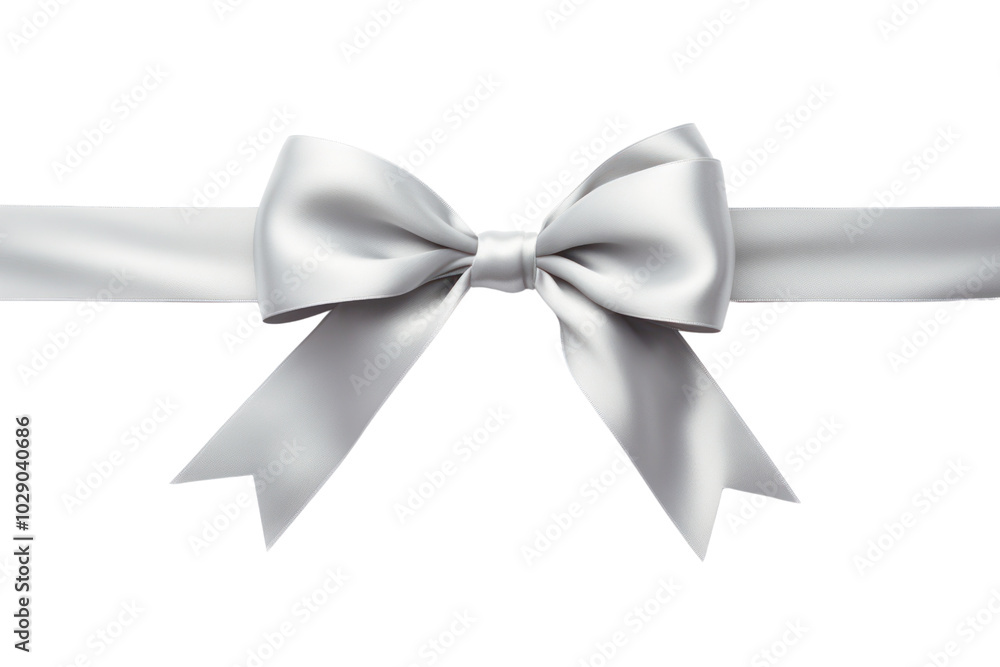 Elegant silver ribbon tied in a classic bow with smooth, flowing loops and long tails isolated on white background Elegant silver ribbon tied in a classic bow with smooth, flowing loops and long tails isolated on white background