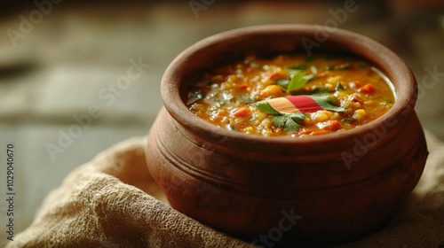 An empty scene featuring a clay pot brimming with freshly prepared bisi bele bath, Karnatakaâ€™s famous dish, with the state flag subtly decorating the pot, photo