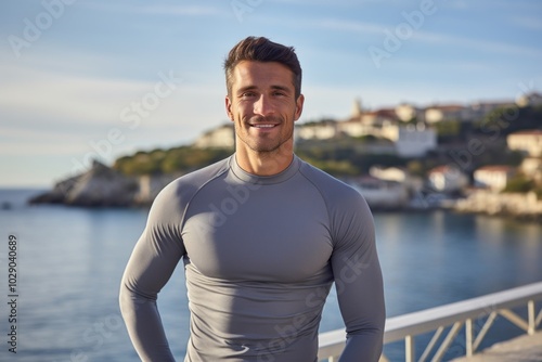 Portrait of a blissful man in his 30s showing off a lightweight base layer isolated in picturesque seaside village