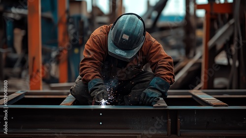 Welder working diligently on metal framework in a workshop setting.