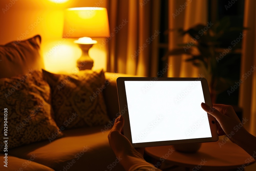 A person holds a tablet with a blank screen in a warmly lit living room, suggesting relaxation and technology use. A person holds a tablet with a blank screen in a warmly lit living room, suggesting relaxation and technology use.