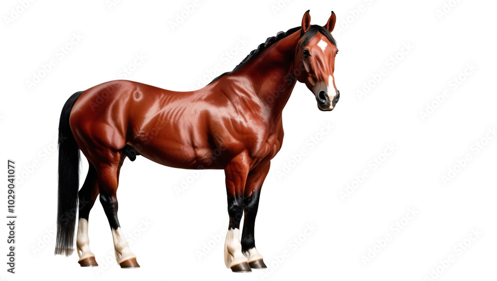 Red horse isolated on the white background. Red whith white socks horse isolated on the white background Red horse isolated on the white background. Red whith white socks horse isolated on the white background