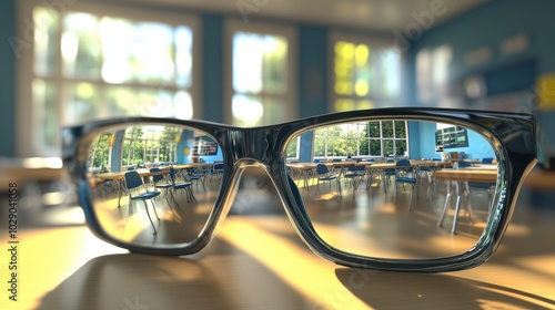 3D glasses reflecting virtual classroom scene