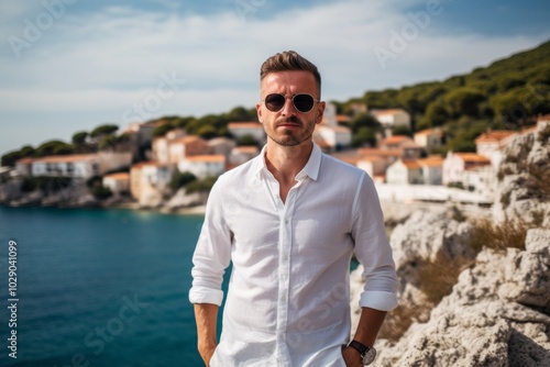 Portrait of a tender man in his 30s sporting a breathable hiking shirt in front of picturesque seaside village photo