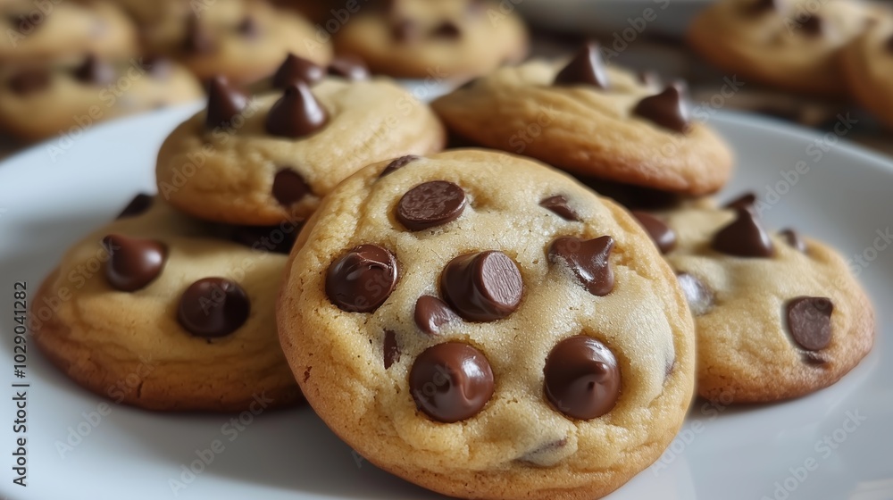 Freshly baked chocolate chip cookies on a plate, showcasing rich chocolate morsels and golden-brown edges, perfect for dessert Freshly baked chocolate chip cookies on a plate, showcasing rich chocolate morsels and golden-brown edges, perfect for dessert
