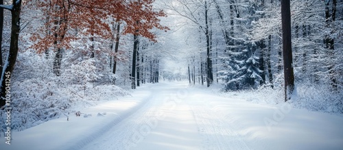 Snowy path winding through a winter forest.
