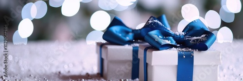 Close-Up of Two Christmas Gift Boxes with Bows Against Bright Bokeh Background photo