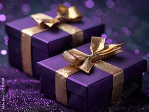 Close-Up of Two Christmas Gift Boxes with Bows Against Bright Bokeh Background photo