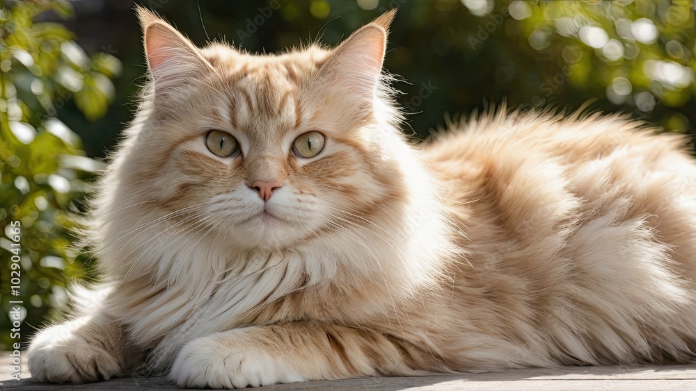 Cream siberian cat lying outside in the garden Cream siberian cat lying outside in the garden