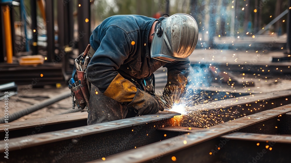 Welder working on steel structure, sparks flying, close-up, focused on craft. Welder working on steel structure, sparks flying, close-up, focused on craft.