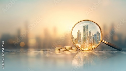 Obraz na płótnie Investment Transformation, a magnifying glass reveals a small coin evolving into a towering building, illustrating capital growth potential. w salonie