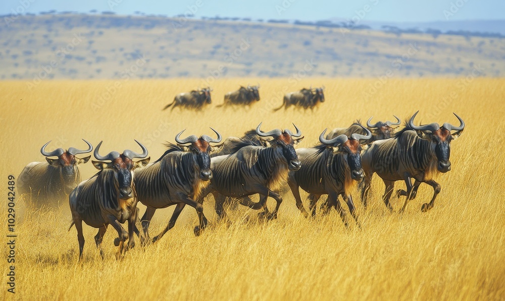Wildebeest herd running through tall grass. Wildebeest herd running through tall grass.