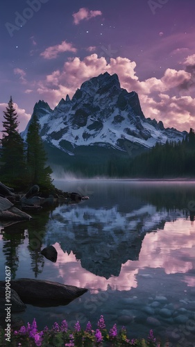 A fantasy-themed mountain landscape under a mystical purple sky, with glowing clouds and floating islands hovering near the snow-capped peaks