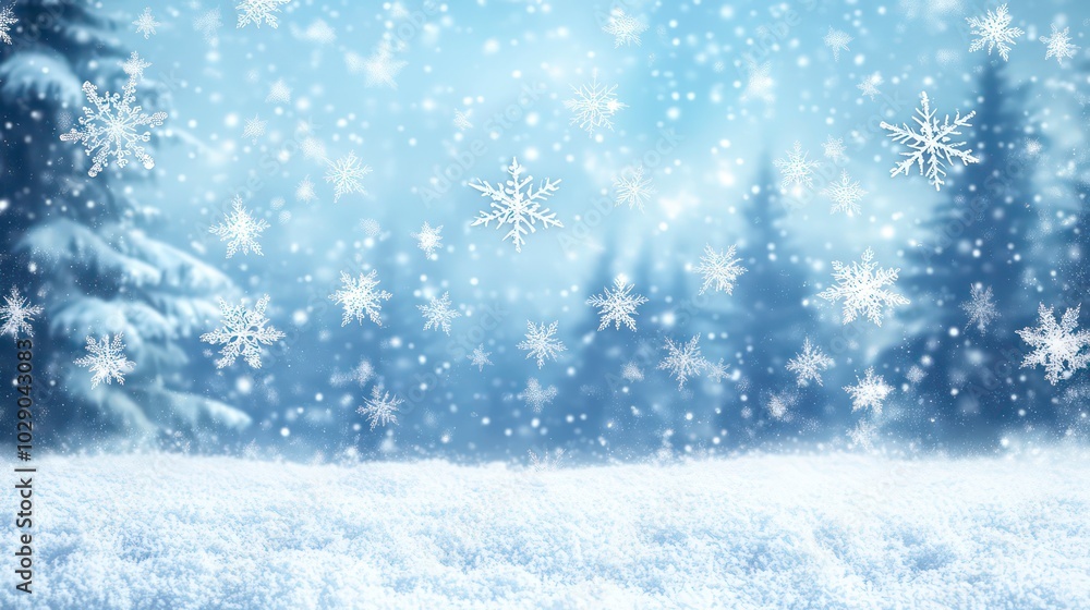 A snowy winter scene with a blurred background of pine trees and falling snowflakes. A snowy winter scene with a blurred background of pine trees and falling snowflakes.