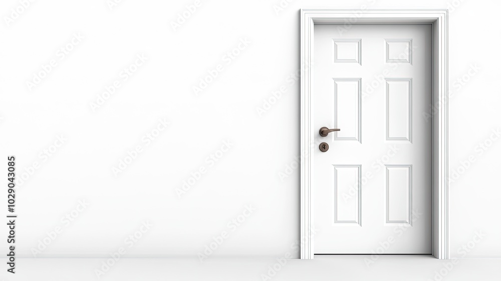 A closed white interior door with a modern design stands centered on a white wall, illuminated by natural light that creates striking shadows in the space A closed white interior door with a modern design stands centered on a white wall, illuminated by natural light that creates striking shadows in the space