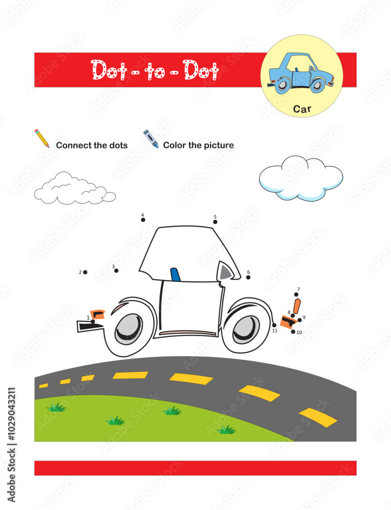 Fototapeta premium Dot to dot activity worksheet for preschool kids. Connect the dots to draw a car. Activity of learning numbers from 1 to 11 and pen control,