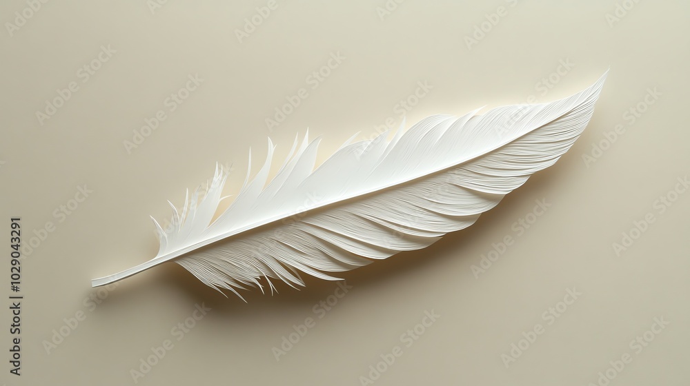 Obraz premium Minimalist paper cut feather with smooth lines, set against a plain background for a clean, elegant design, paper cut feather, minimalist nature design