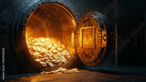A vintage-style bank vault door slightly ajar revealing a treasure of cash