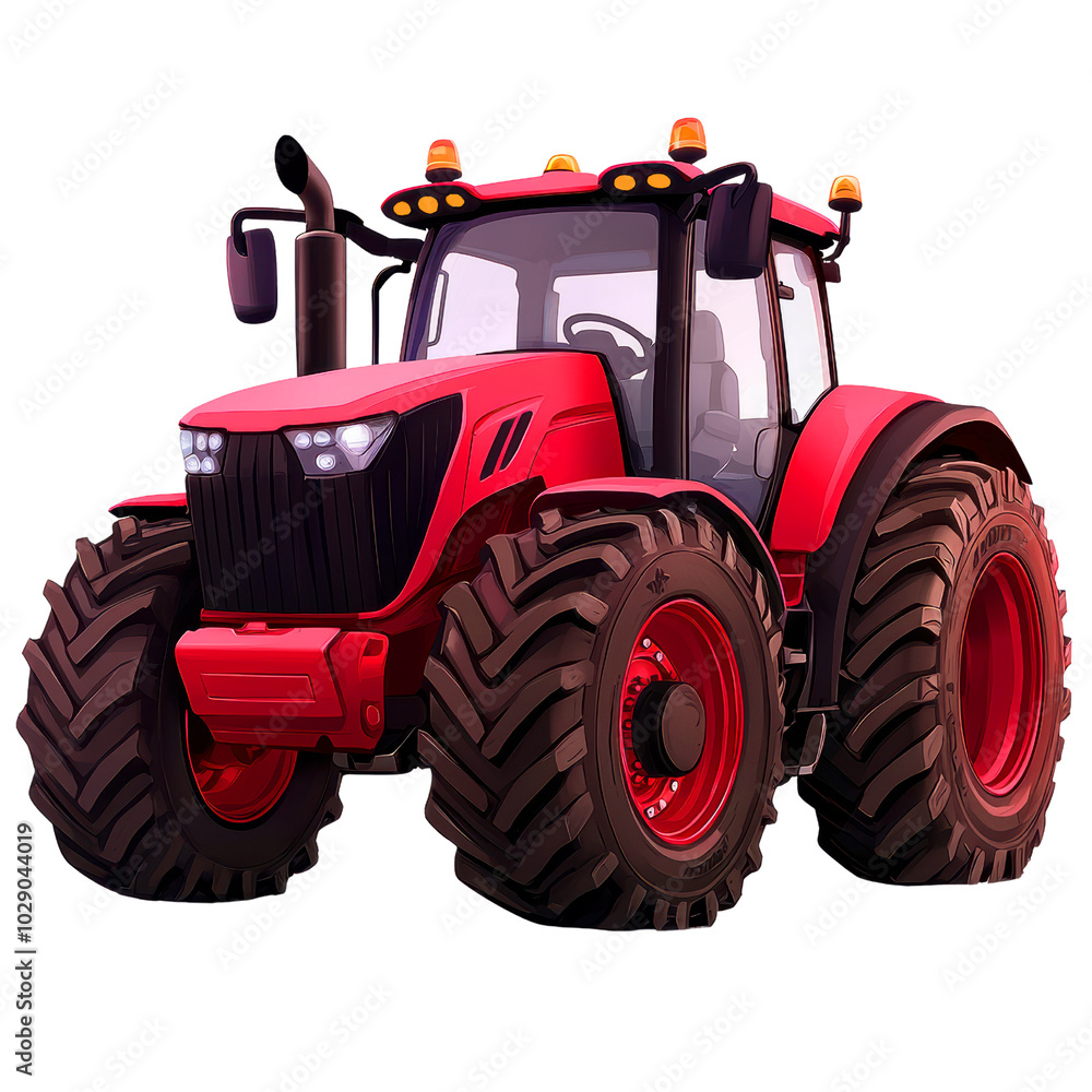Obraz premium Red cartoon tractor with large tires, white isolated background