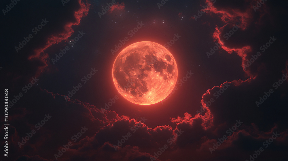 Obraz premium Mysterious Red Moon Surrounded by Clouds at Night