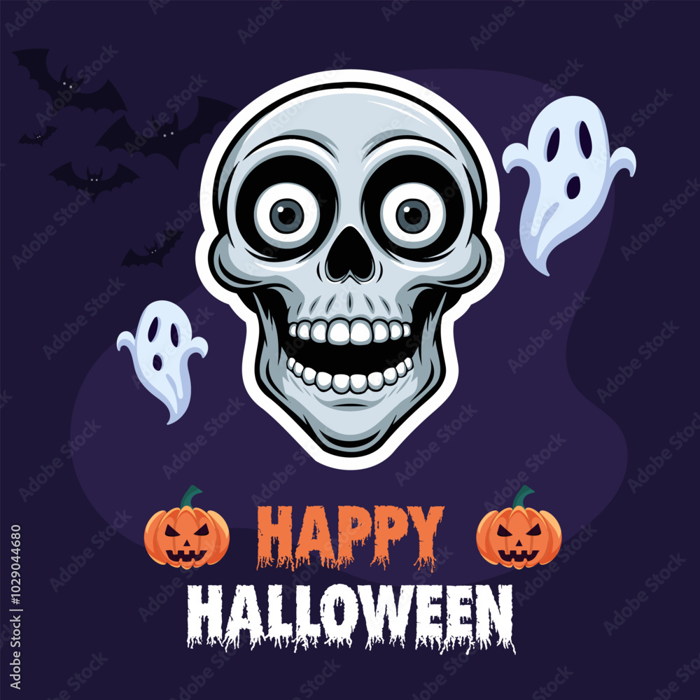 Fototapeta premium Halloween design with skeleton, ghost and creepy pumpkin on purple background.