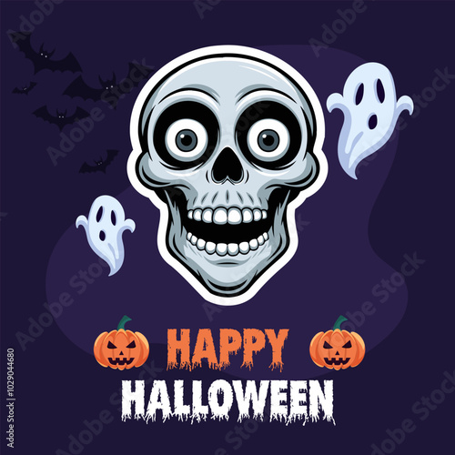 Halloween design with skeleton, ghost and creepy pumpkin on purple background. photo