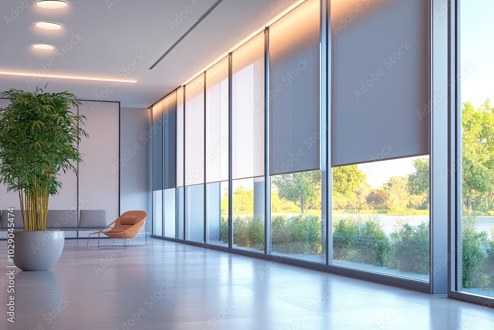 Fototapeta premium Modern office lobby with window blinds. Perfect for showcasing office design, architecture, or blinds.