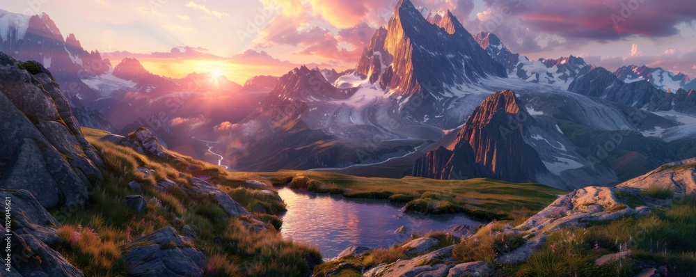 Obraz premium Mountain landscape at sunrise, 4K hyperrealistic photo