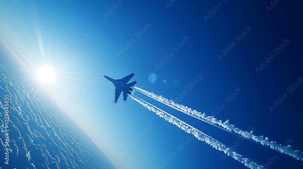 A fighter jet soaring through the sky, leaving contrails in its wake A fighter jet soaring through the sky, leaving contrails in its wake