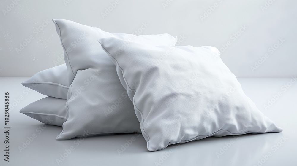 Four white pillows neatly stacked on top of each other on a white floor Four white pillows neatly stacked on top of each other on a white floor