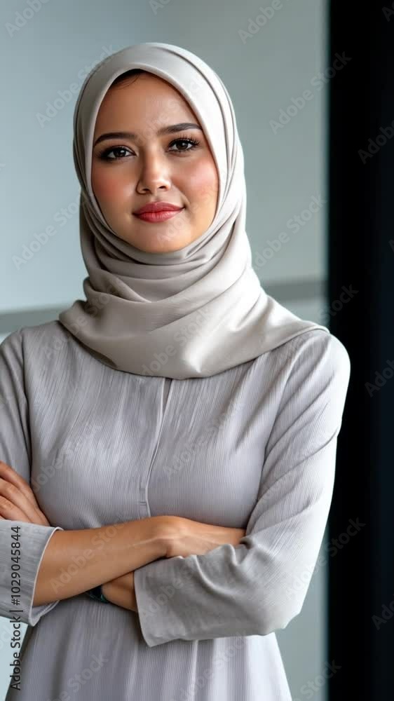 A confident woman in a hijab poses with arms crossed, showcasing strength and poise. A confident woman in a hijab poses with arms crossed, showcasing strength and poise.