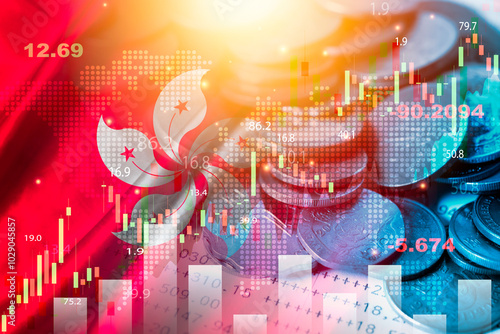 Photography Double exposure of Hong Kong flag with coins and trading graph chart for investment of stock market concept