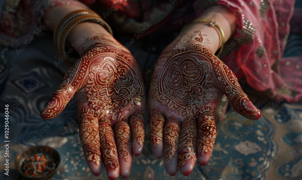 Naklejka premium Intricate henna designs on hands and feet, 4K hyperrealistic photo.